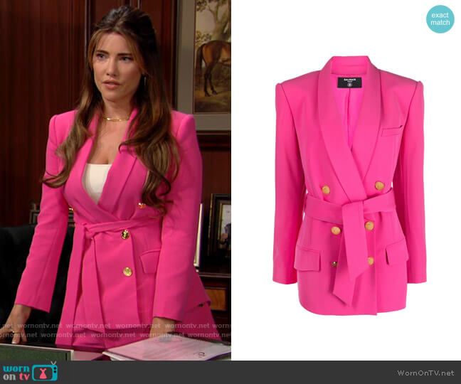 Balmain Double Breasted Belted Blazer worn by Steffy Forrester (Jacqueline MacInnes Wood) on The Bold and the Beautiful