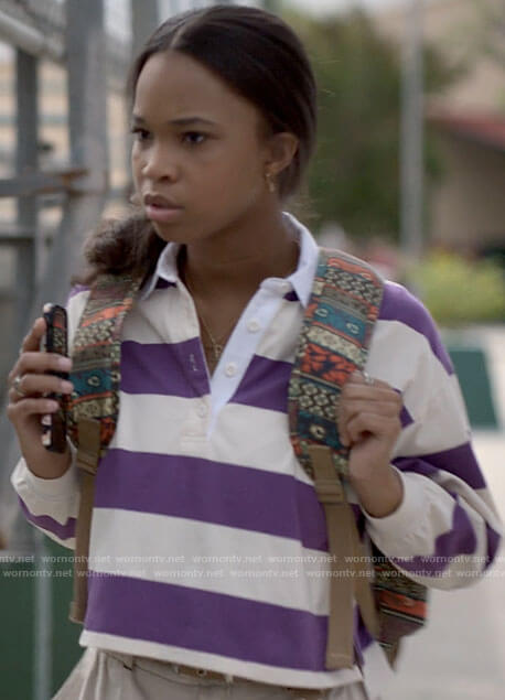 Bianca's purple striped polo shirt on American Horror Stories