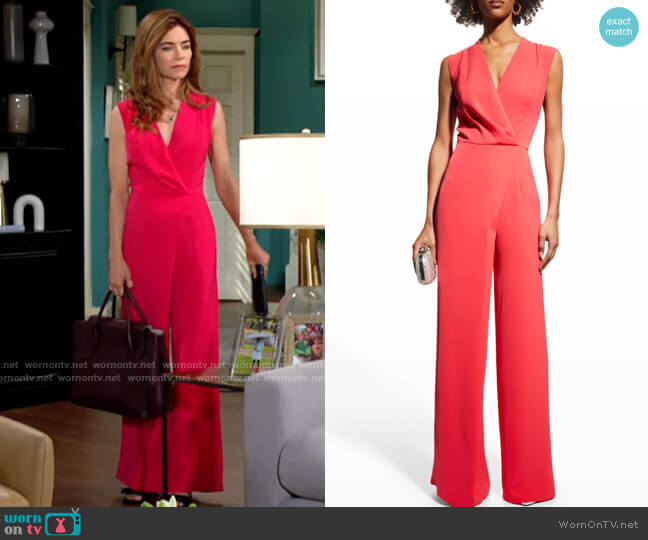 Black Halo Silvana Jumpsuit in Watermelon worn by Victoria Newman (Amelia Heinle) on The Young and the Restless