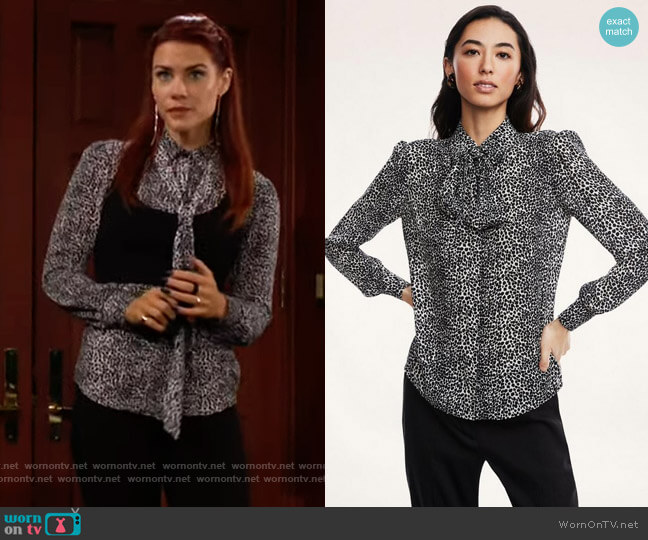 Brooks Brothers Crepe Neutral Print Bow Blouse worn by Sally Spectra (Courtney Hope) on The Young and the Restless