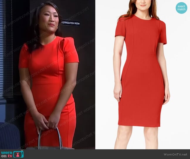 Calvin Klein Seamed Scuba Crepe Sheath Dress worn by Melinda Trask (Tina Huang) on Days of our Lives