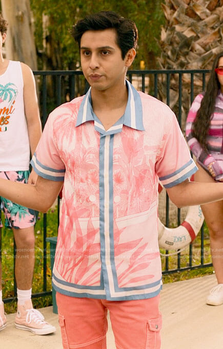 Carlos's coral pink shirt with blue striped trim on High School Musical The Musical The Series