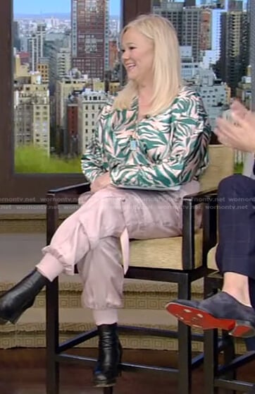 Caroline Rhea's pink satin utility pants on Live with Kelly and Ryan