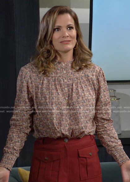 Chelsea's beige floral button up top on The Young and the Restless