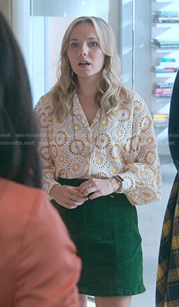 Claire's yellow eyelet blouse and green corduroy skirt on Good Trouble