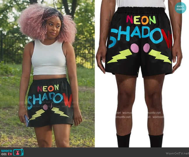 Walter Van Beirendonck Neon Shadow Shorts worn by Phoebe (Phoebe Robinson) on Everythings Trash