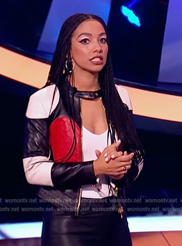 Corinne’s black heart print quilted leather jacket on Beat Shazam