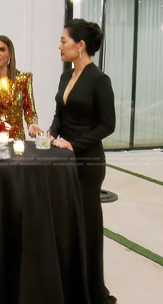Crystal's black plunge neck maxi dress on The Real Housewives of Beverly Hills