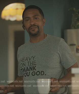 Darnel's Thank you God print tee on The Chi