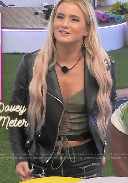 Deb's green lace-up corset top and leather pants on Love Island USA