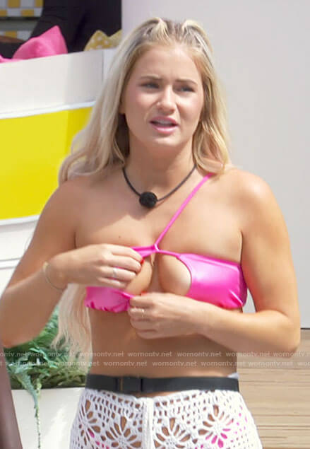 Deb's pink asymmetrical bikini top on Love Island USA