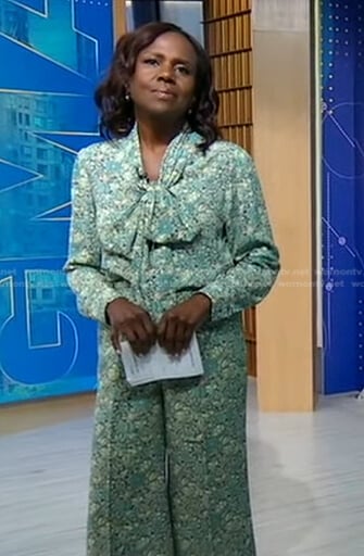 Deborah's floral tie neck blouse and pants on Good Morning America
