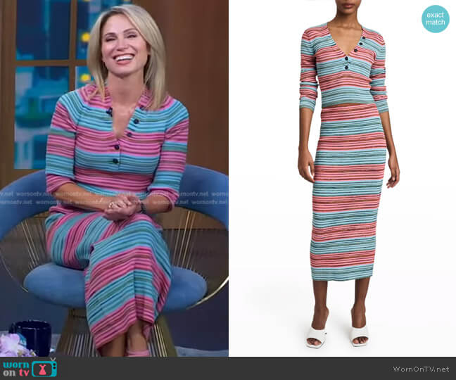 Derek Lam 10 Crosby Milana Crop Henley T-Shirt and Riviera Skirt worn by Amy Robach on Good Morning America