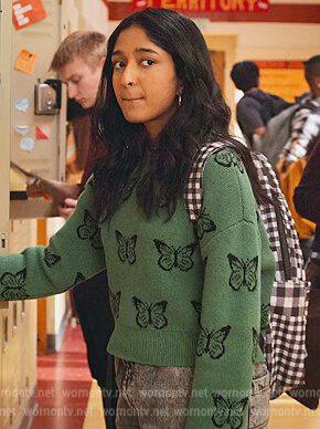 Devi’s green butterfly pattern sweater on Never Have I Ever