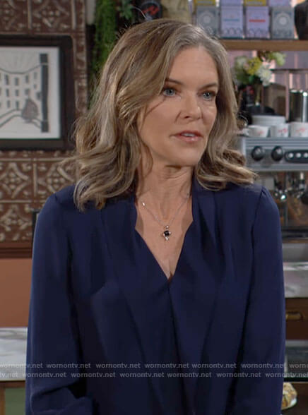Diane's navy ruffled front blouse on The Young and the Restless