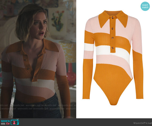 Striped polo shirt bodysuit by Dodo Bar Or worn by Betty Cooper (Lili Reinhart) on Riverdale