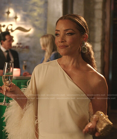 Dominique’s white one-shoulder feather trim dress on Dynasty