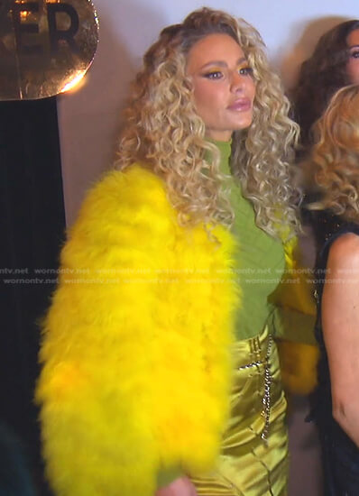 Dorit’s yellow fur jacket and skirt on The Real Housewives of Beverly Hills