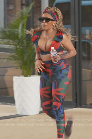 Drew's floral print leggings and ruffle sports top on The Real Housewives of Atlanta