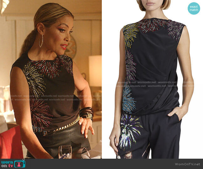 Dries van Noten Cory Firework Beaded Drape Silk Top worn by Dominique Deveraux (Michael Michele) on Dynasty