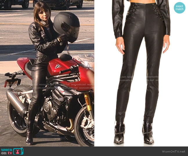 Susannah’s black lace-up leather pants on Tom Swift