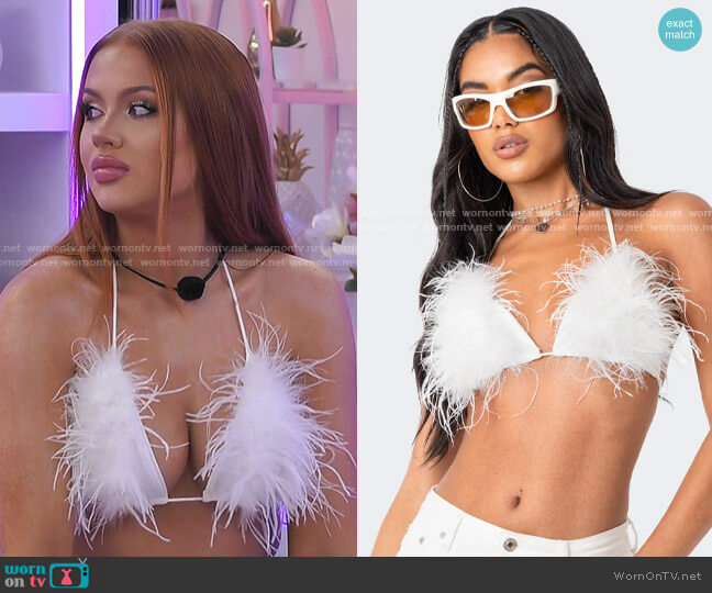 Edikted Festival Feather Triangle Top worn by Sydney Paight on Love Island USA