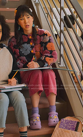 Eleanor’s floral jacket and clogs on Never Have I Ever