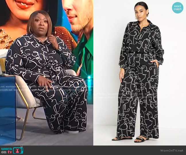 Eloquii Printed Button Down and Printed Wide Leg Pant worn by Loni Love on E! News