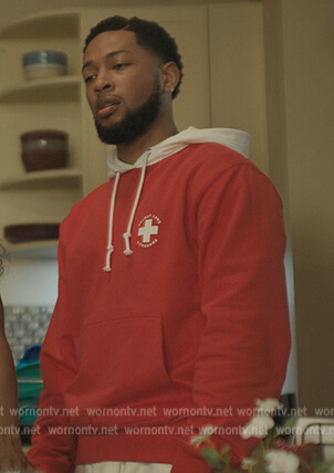 Emmett's red two-tone hoodie on The Chi
