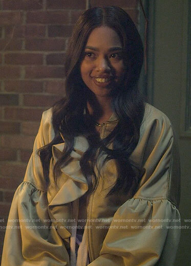 Faran’s ruffled balloon sleeve jacket on Pretty Little Liars Original Sin