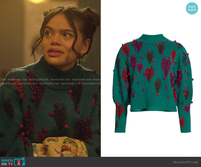 Farm Rio Monstera Hearts Sweater worn by Minnie 'Mouse' Honrada (Malia Pyles) on Pretty Little Liars Original Sin