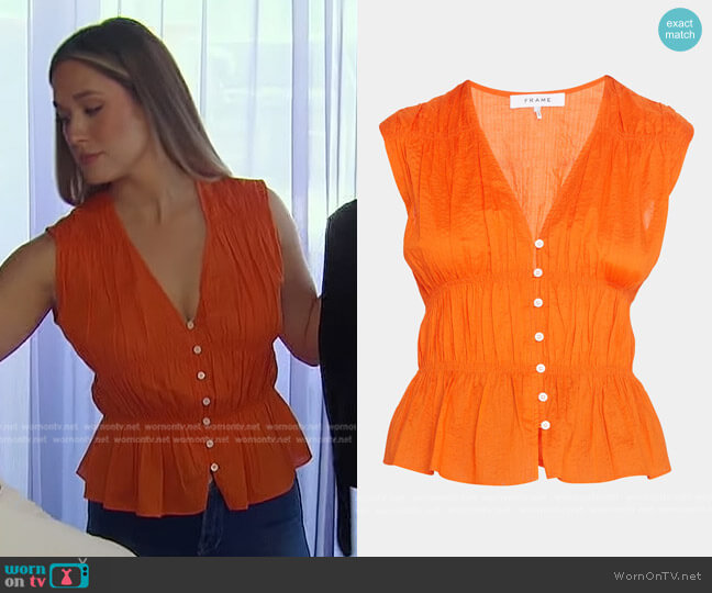 Frame Ruched V-Neck Sleeveless Blouse worn by Rachel Recchia on The Bachelorette