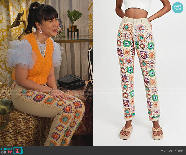 Free People Crochet Zuri Mom Jeans worn by Eleanor Wong (Ramona Young) on Never Have I Ever