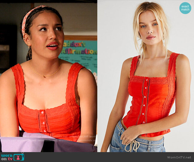 Free People Maggie Lace Tank in Scarlet Ibis worn by Gina (Sofia Wylie) on High School Musical The Musical The Series