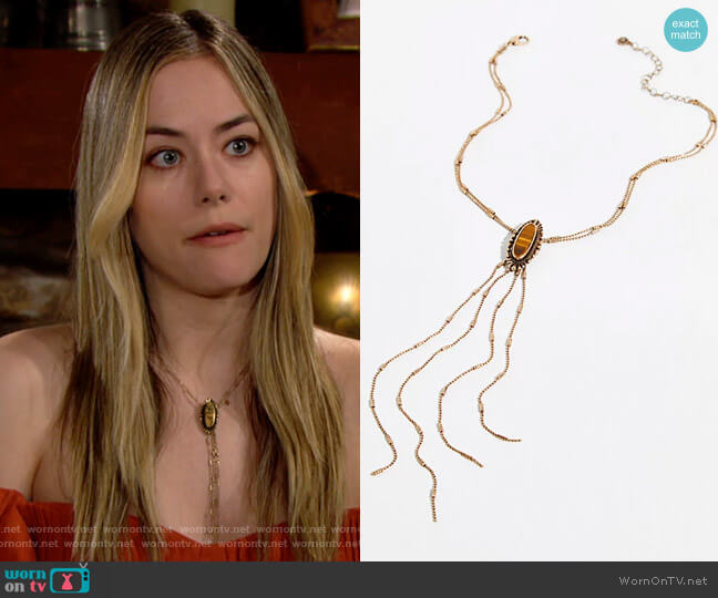 Free People Honky Tonkin' Bolo in Gold Tigers Eye worn by Hope Logan (Annika Noelle) on The Bold and the Beautiful