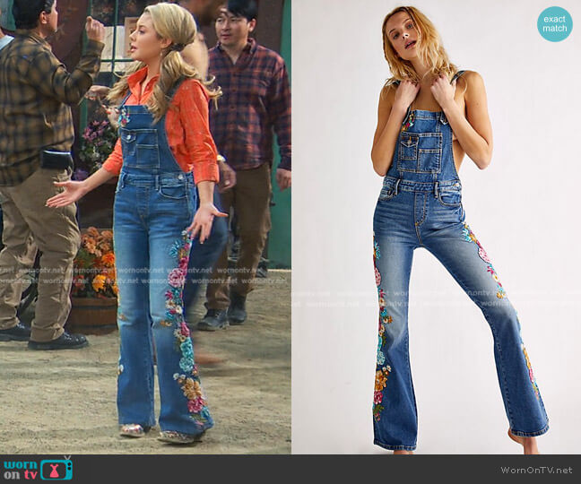 Driftwood Farrah Embroidered Denim Overalls worn by Destiny Baker (Mallory James Mahoney) on Bunkd