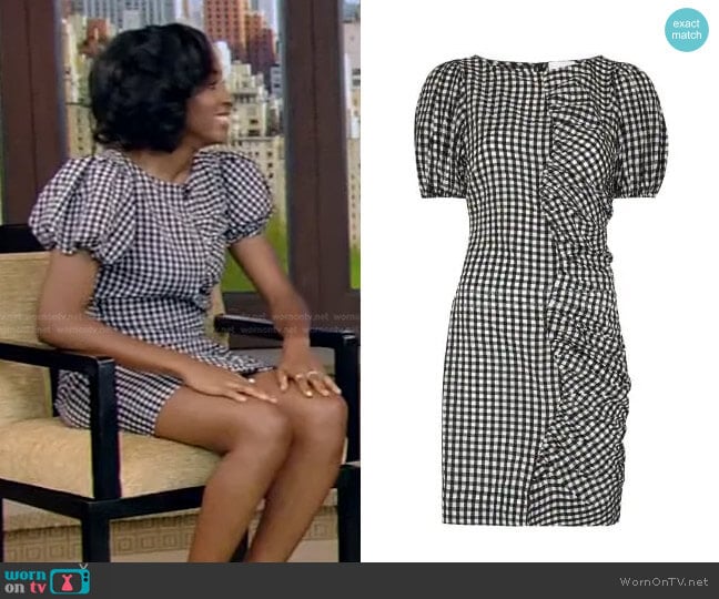 Ganni Asymmetric Gingham-Check Dress worn by Ayo Edebiri on Live with Kelly and Mark