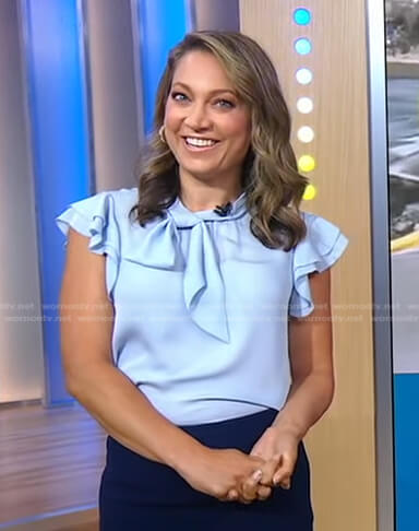 Ginger's blue ruffle tie neck top on Good Morning America