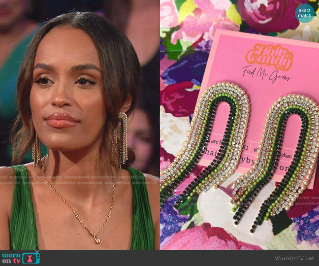 Hair Candy by Han Mojito Rainbow Statement Earrings worn by Serene Russell on The Bachelorette