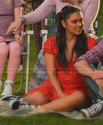 Haley's red floral mini dress on Never Have I Ever
