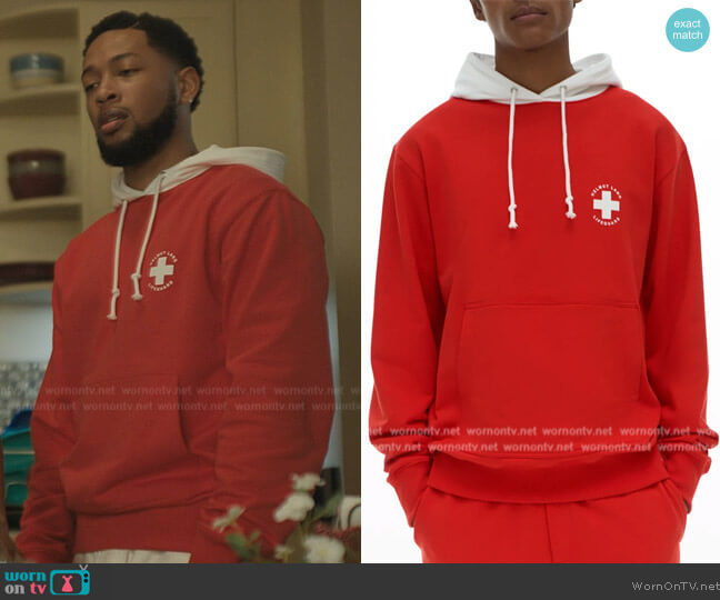Helmut Lang Red Lifeguard Hoodie worn by Emmett (Jacob Latimore) on The Chi