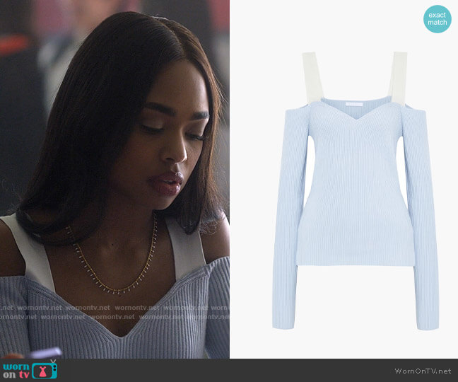 Helmut Lang Cold-shoulder ribbed-knit sweater worn by Faran Bryant (Zaria) on Pretty Little Liars Original Sin
