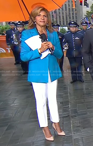 Hoda’s blue blazer and white side slit pants on Today
