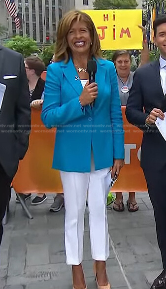 Hoda’s blue blazer and white side slit pants on Today