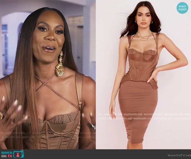 House of CB Talya Toffee Corset Midi Dress worn by Sanya Richards-Ross on The Real Housewives of Atlanta