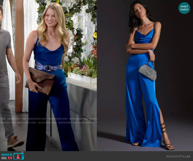 Hutch Cowl Neck Jumpsuit in Sapphire worn by Summer Newman (Allison Lanier) on The Young and the Restless