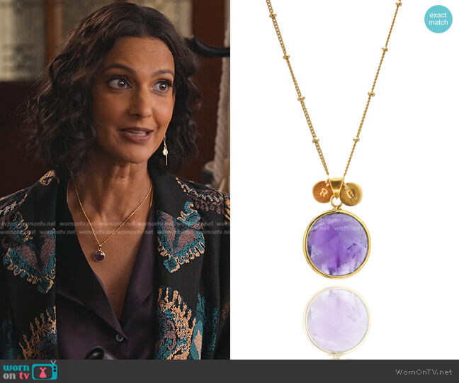 Hyperbole Accessories February African Amethyst Necklace worn by Nalini Vishwakumar (Poorna Jagannathan) on Never Have I Ever