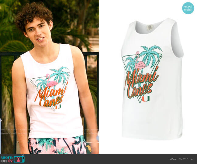 Image One White Miami Hurricanes Retro Palms Tank Top worn by Ricky (Joshua Bassett) on High School Musical The Musical The Series