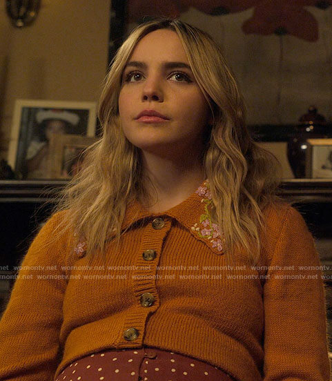 Imogen’s orange cardigan with embroidered collar on Pretty Little Liars Original Sin