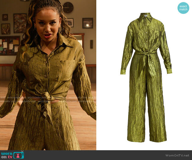 Izayla Crinkled Satin Tie-Front Jumpsuit in Olive worn by Gina (Sofia Wylie) on High School Musical The Musical The Series